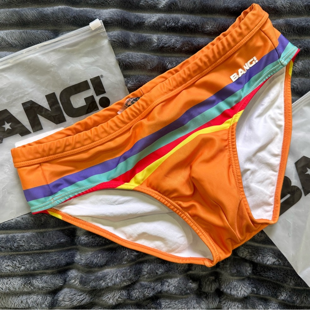 Used Bang! Orange Swim Briefs with Rainbow Stripes